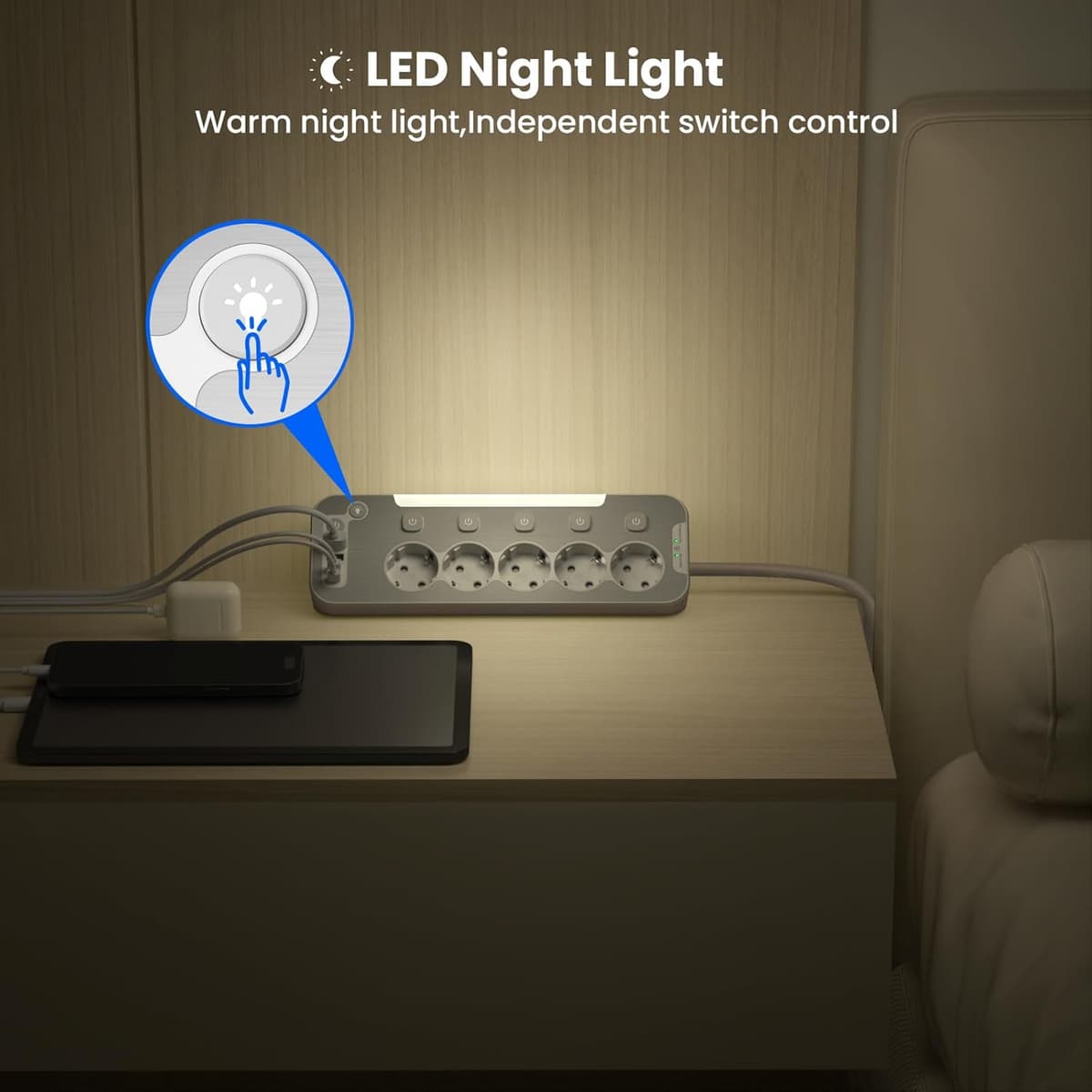 USB C Power Outlet with 5 Outputs and Protection, QAKALN