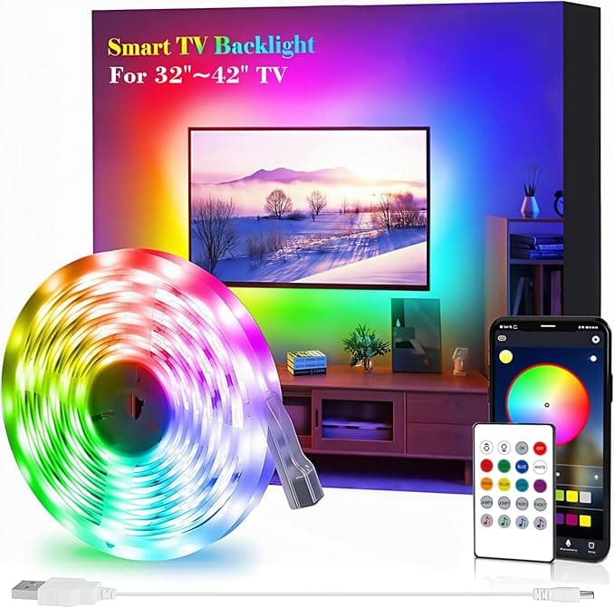 Tiras LED para TV, Kit de Retroiluminación USB con Control Remoto y Sincronización de Música, Iluminación RGB 5050 para HDTV (2M para TV de 32-42 Pulgadas) - https://m.media-amazon.com/images/I/711SockC13L._AC_SX679_.jpg