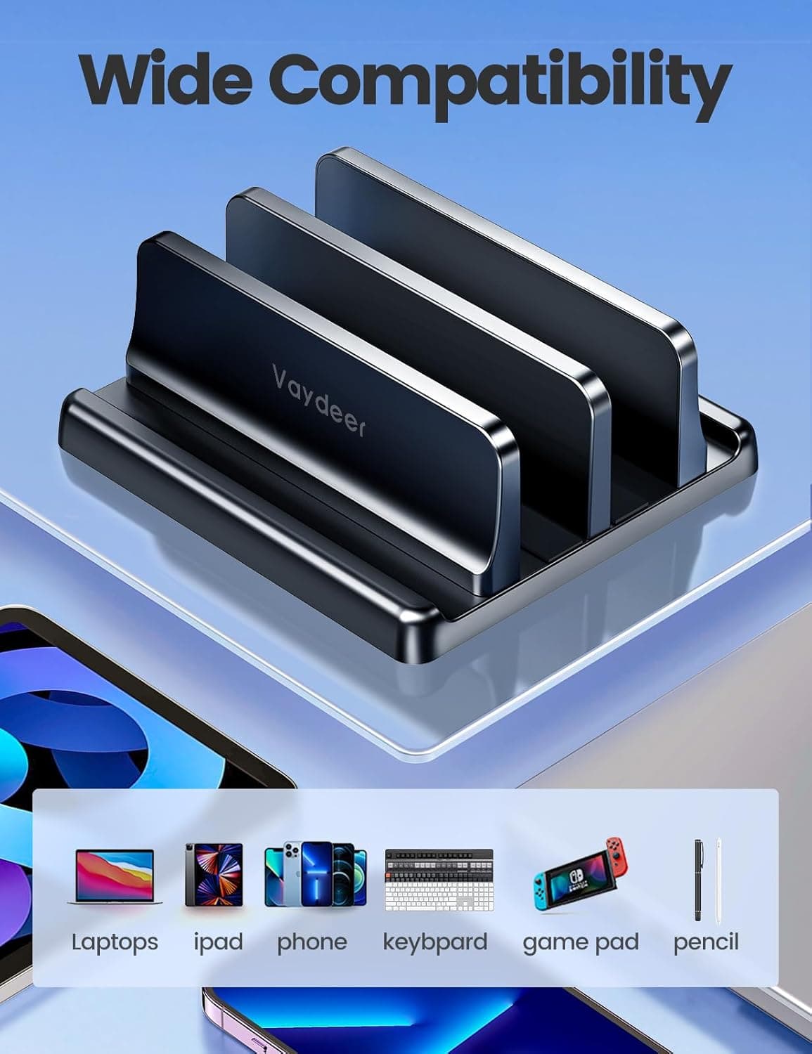 VAYDEER Adjustable Vertical Laptop and MacBook Stand - 4 in 1 - https://m.media-amazon.com/images/I/71iF60rV+1L._AC_SL1500_.jpg