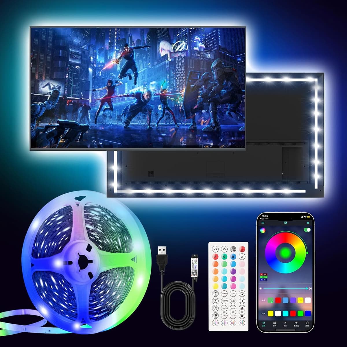 5M RGB LED Strip for TV, Ambient Lighting with App and Remote Control - https://m.media-amazon.com/images/I/8154Vzff0HL._AC_SL1500_.jpg