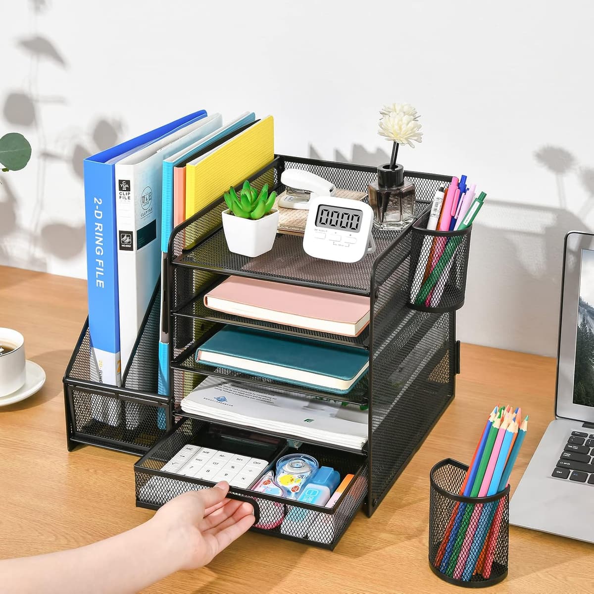 Marbrasse Desktop Organizer, 5 Levels with Drawer and Pencil Holders - https://m.media-amazon.com/images/I/81u7A8GQ84L._AC_SL1500_.jpg