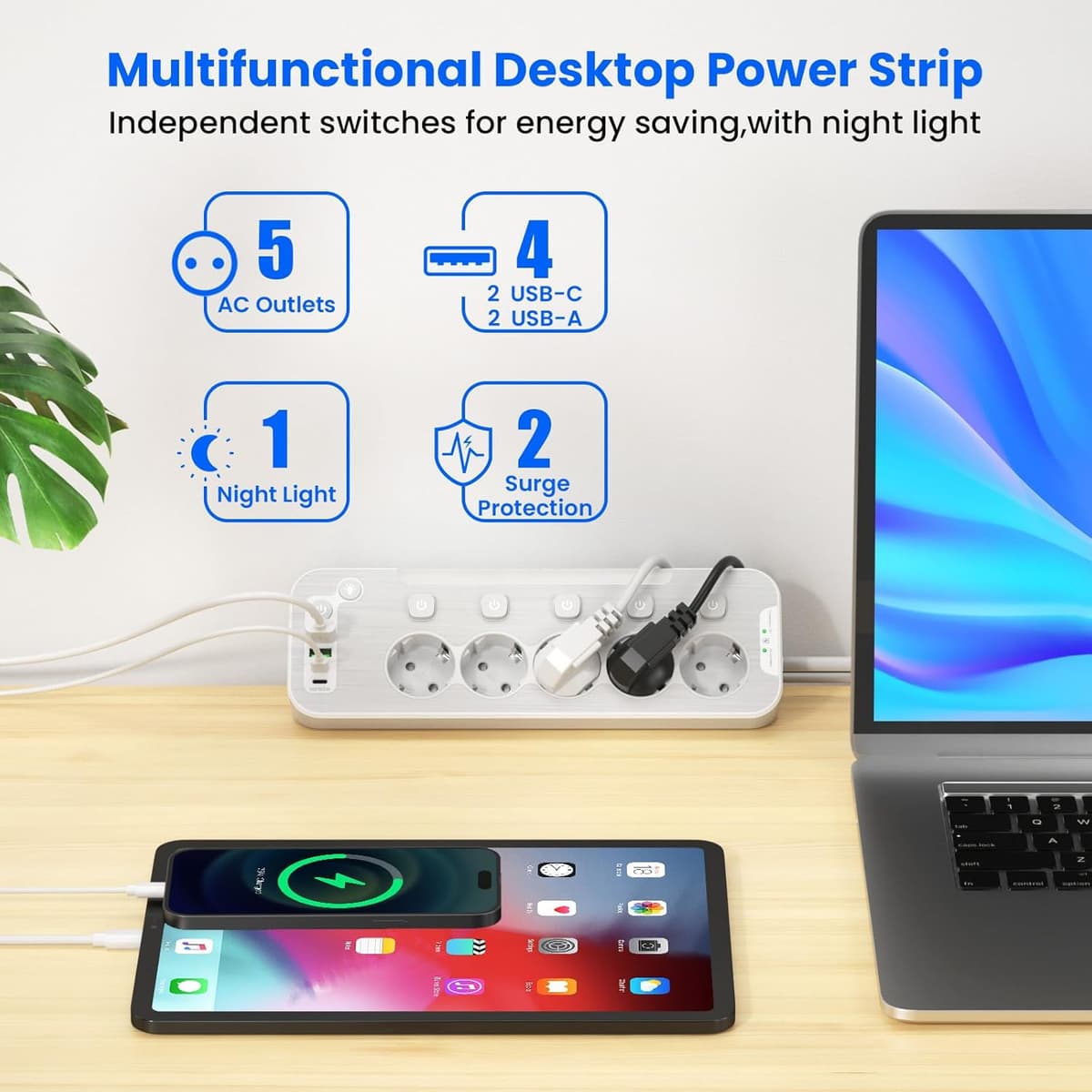 USB C Power Outlet with 5 Outputs and Protection, QAKALN - https://m.media-amazon.com/images/I/71vgAChX3vL._AC_SL1500_.jpg